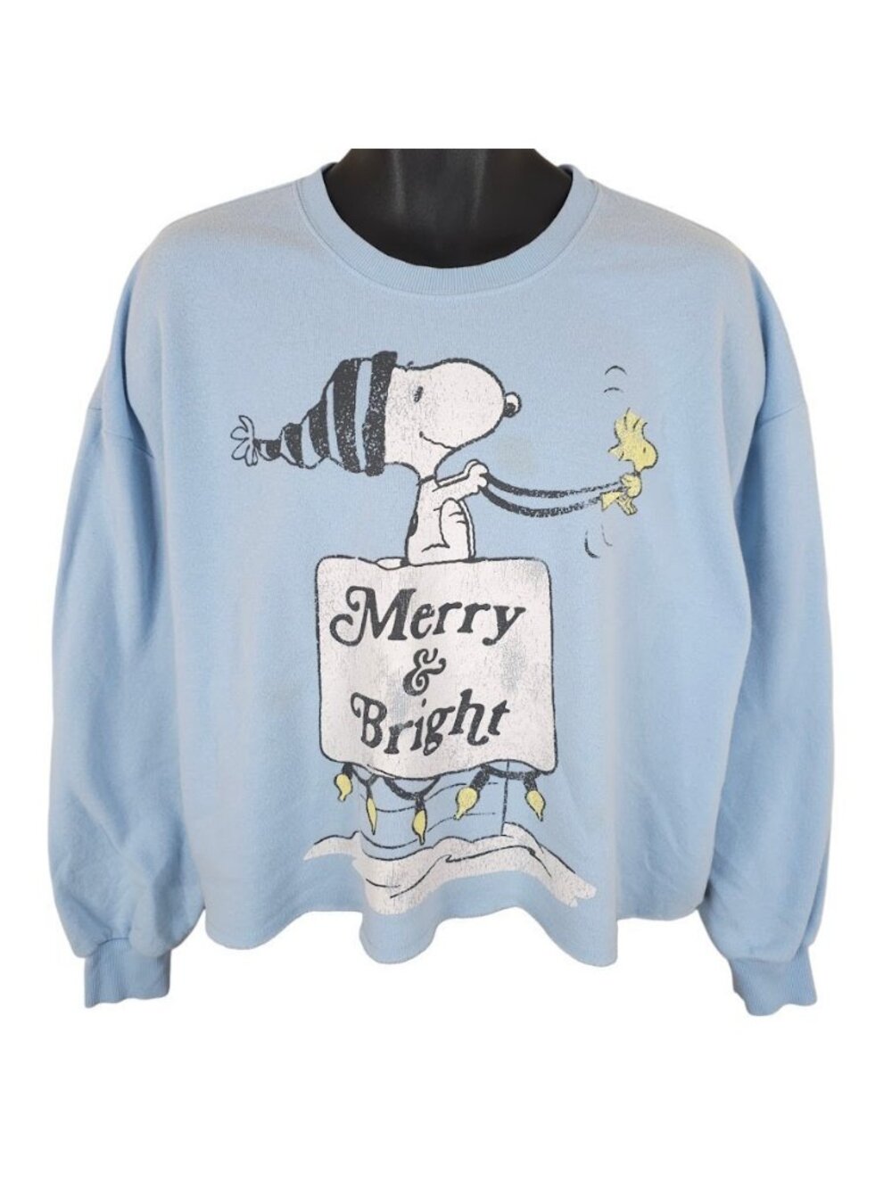 Snoopy Christmas Crop Top Sweatshirt Womens Size Large Blue Merry And Bright - Picture 2 of 7
